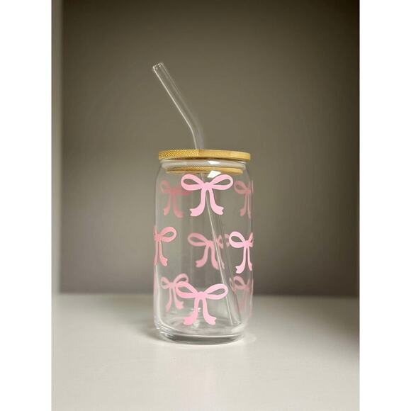 Pink Bow Glass Can with Bamboo Lid and Glass Straw 16oz - Picture 1 of 1
